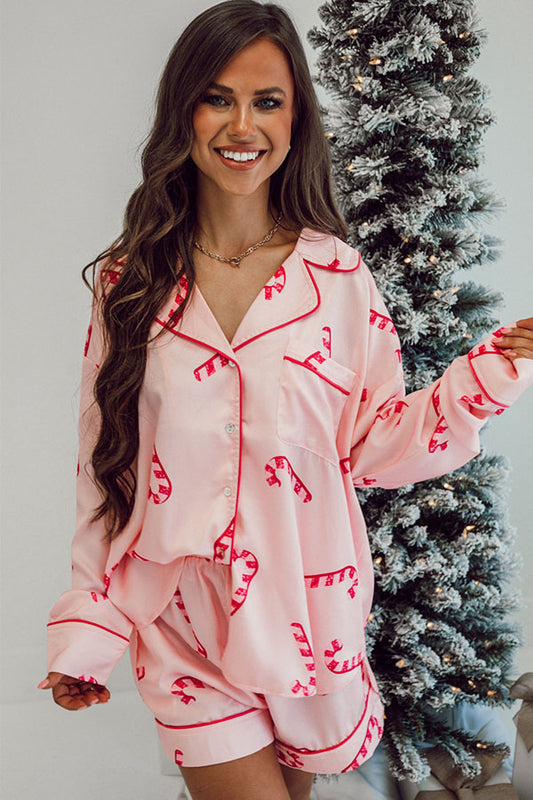 Pink Candy Cane Print Christmas Pajama Set