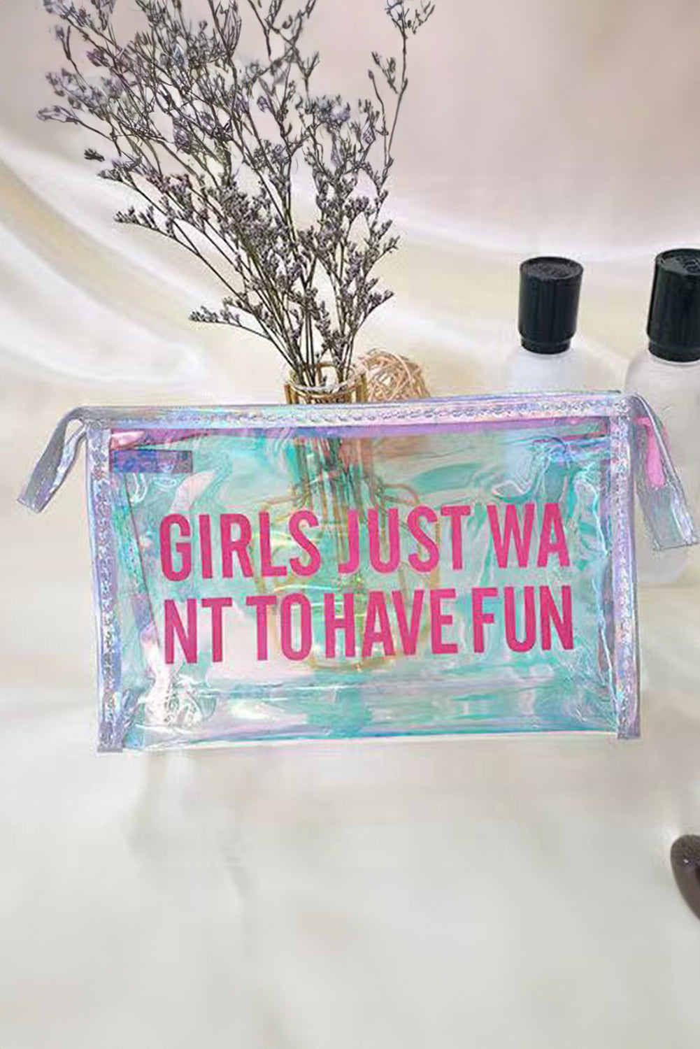 GIRLS JUST WANT TO HAVE FUN Print Clear Clutch