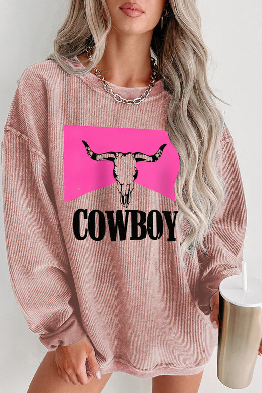 Pink Steer Head Cowboy Print Corded Pullover Sweatshirt