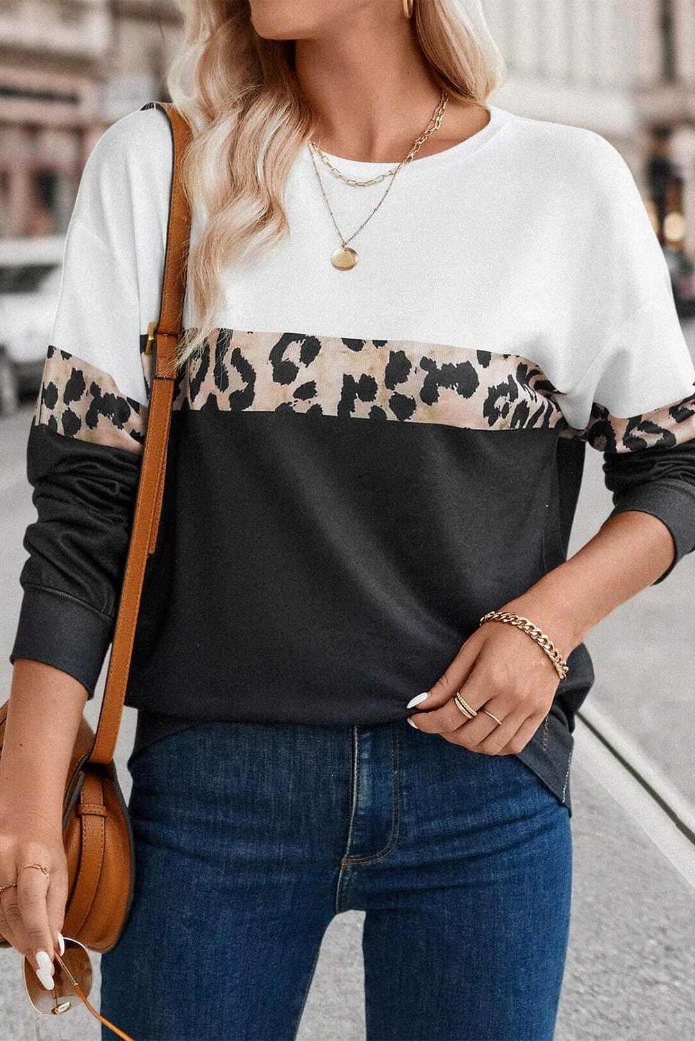 Leopard Colorblock Round Neck Long Sleeve Top