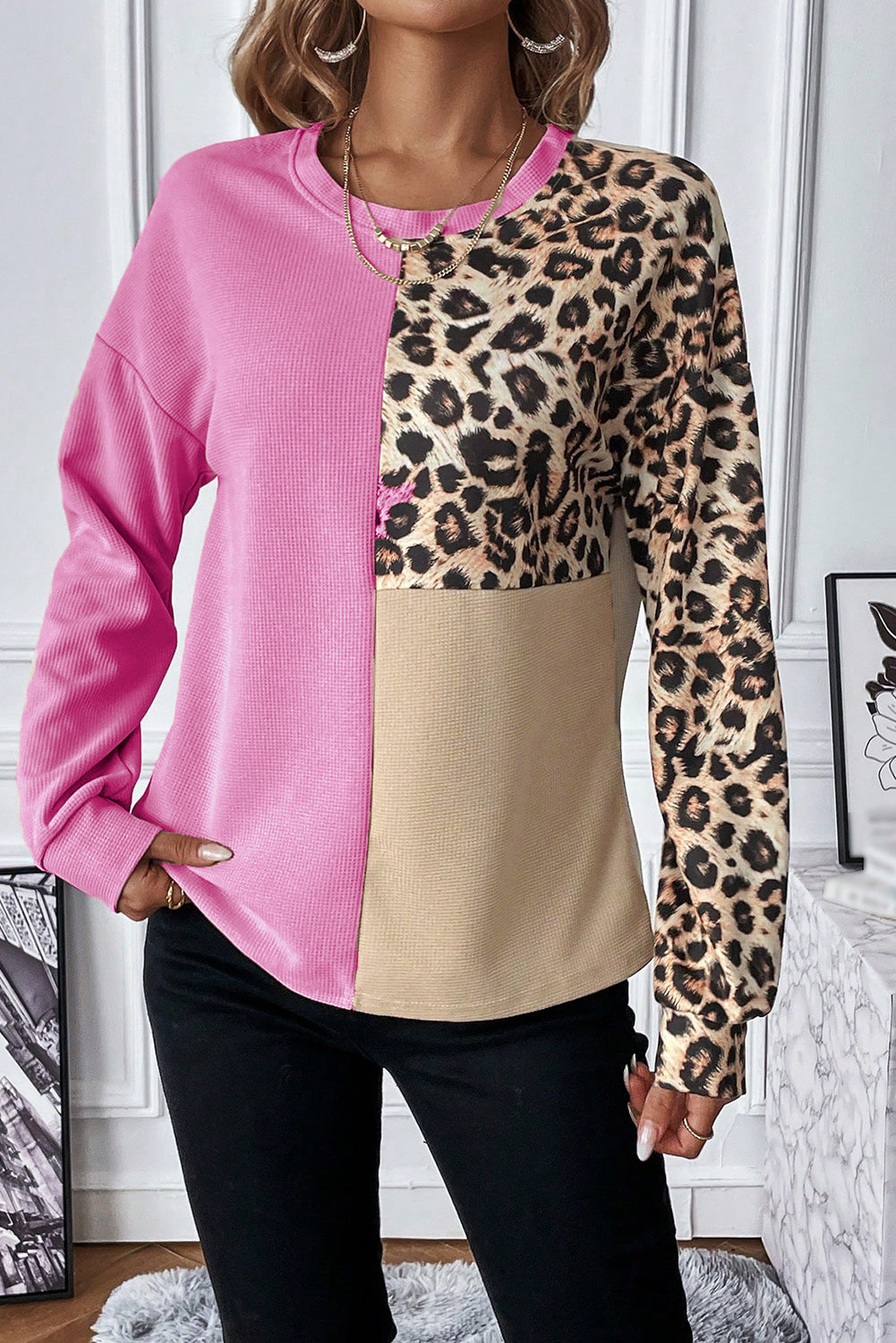 Casual Waffle Knit Leopard Contrast Long Sleeve Top