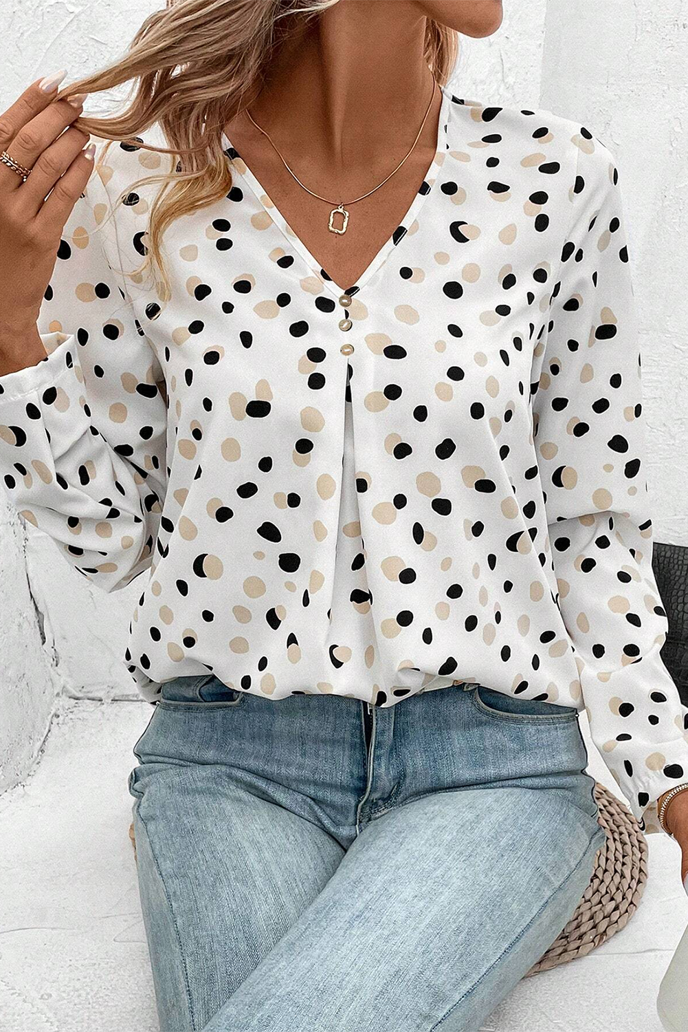 Dotted Print Button Front V Neck Blouse