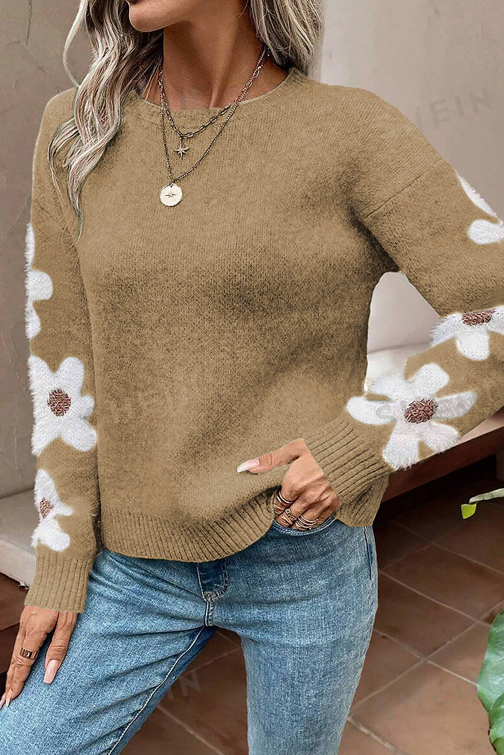 Flower Sleeve Drop Shoulder Sweater