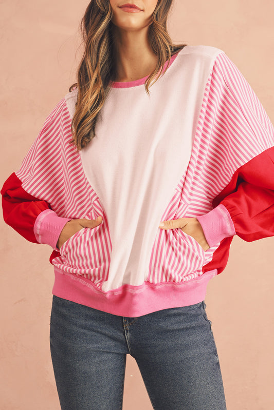 Rose Red Striped Patchwork Side Pocket Loose Sweatshirt