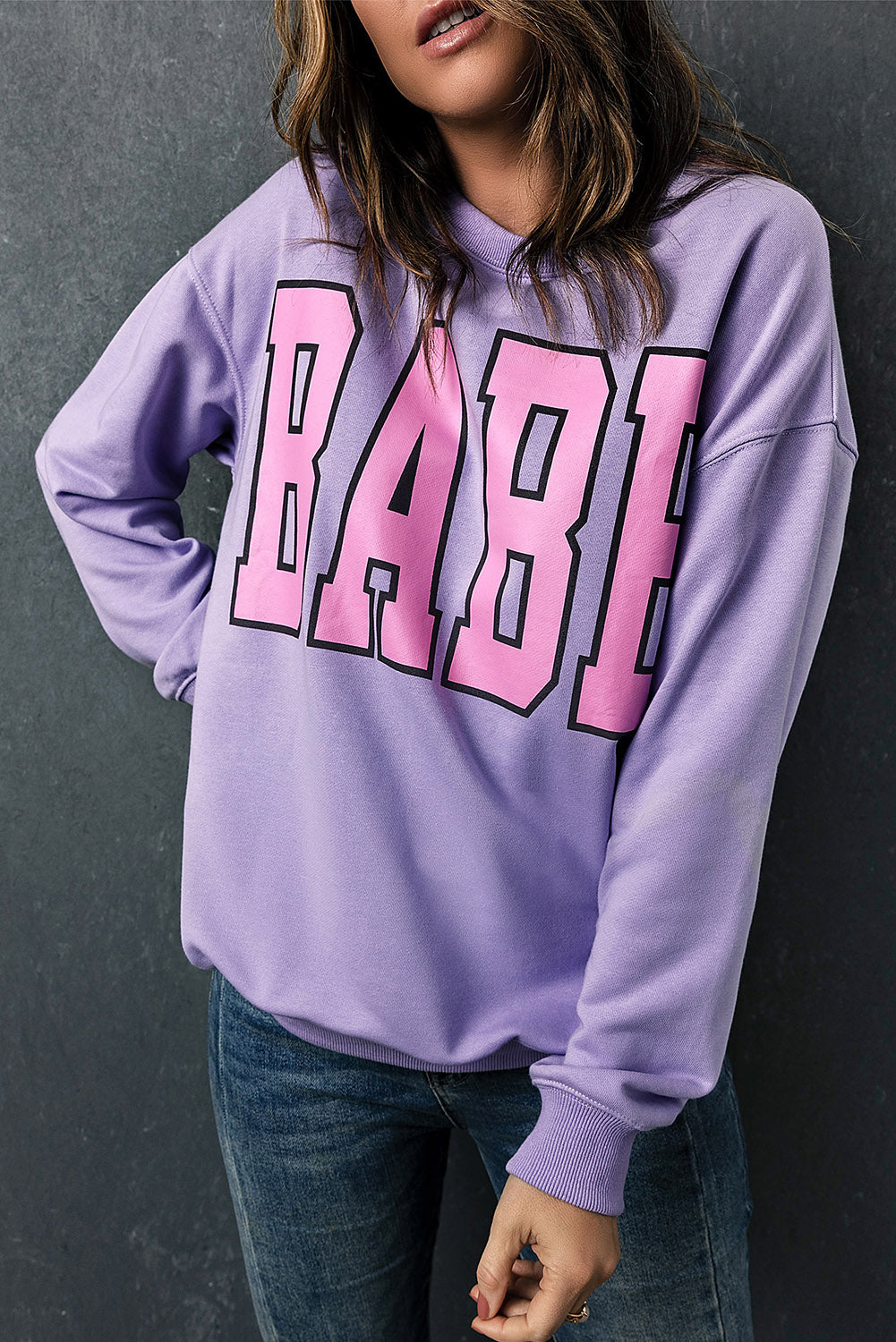 Gray BABE Letter Graphic Pullover Sweatshirt