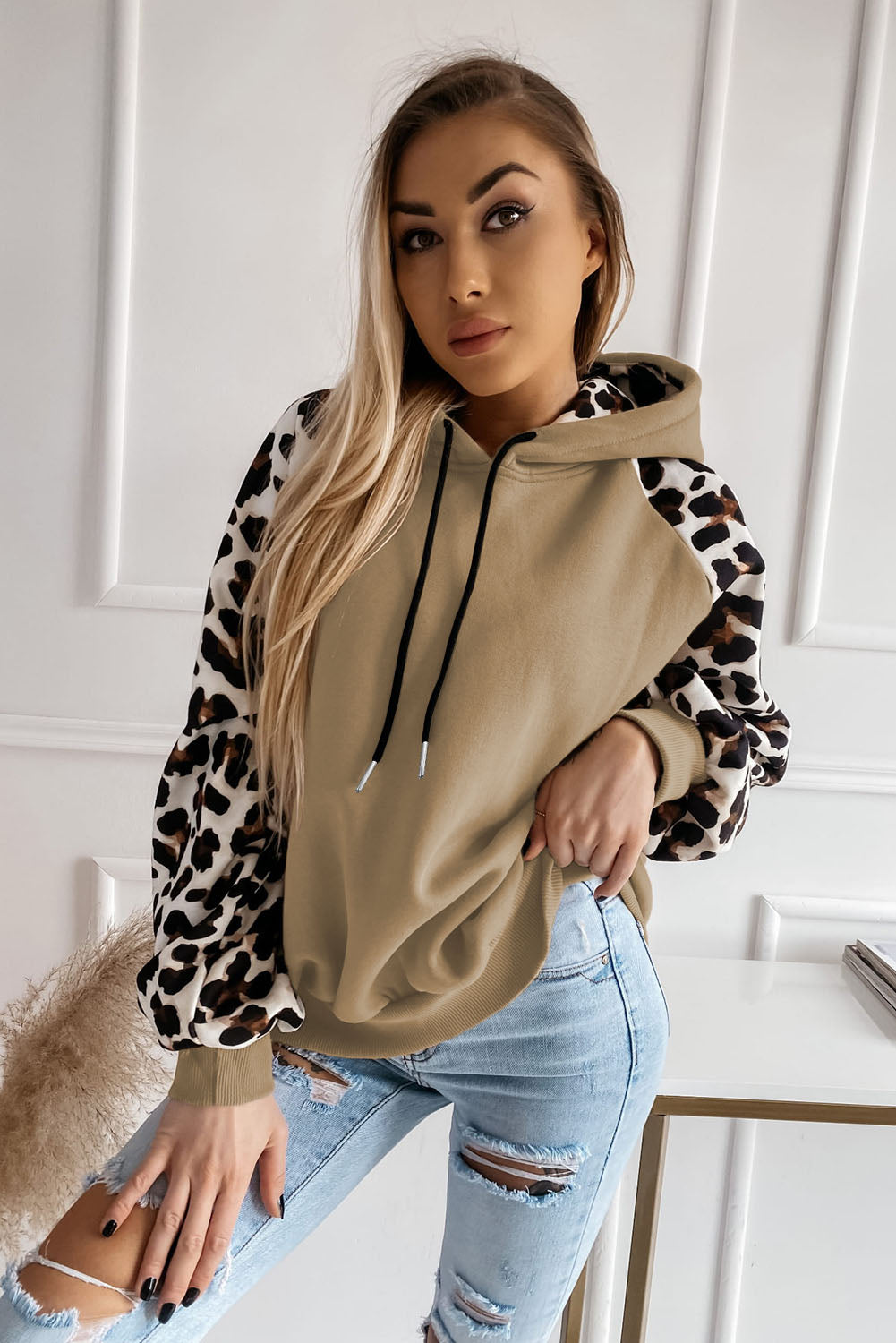 Khaki Leopard Bishop Sleeve Drawstring Hoodie