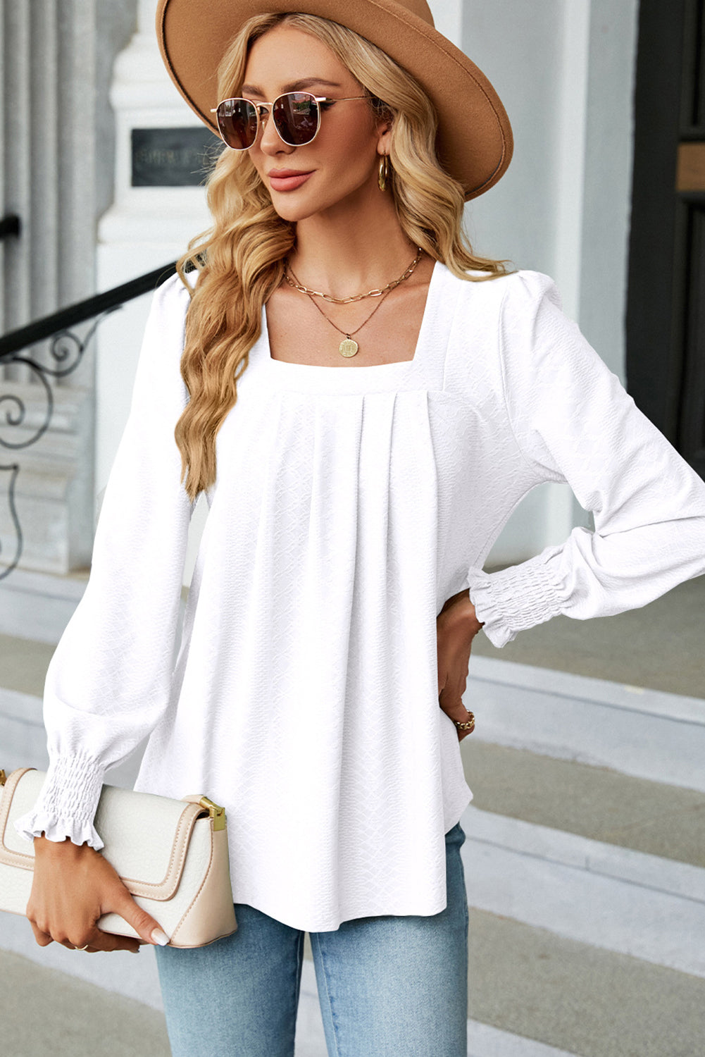 Solid Color Textured Pleated Blouse