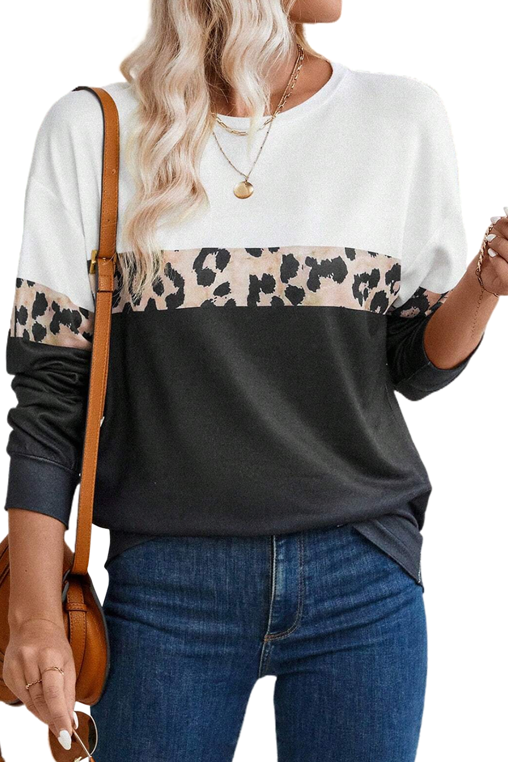 Leopard Colorblock Round Neck Long Sleeve Top