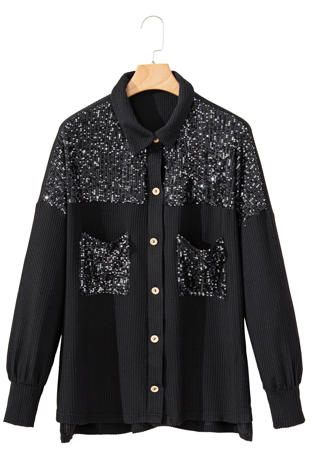 Sequin Patch Chest Pocket Corded Shacket