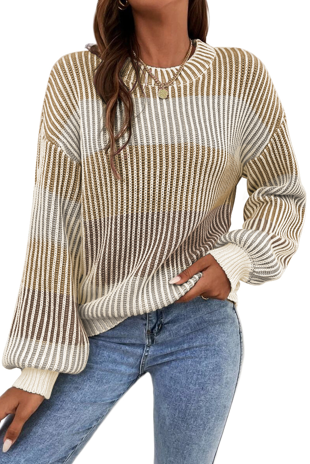 Colorblock Lantern Sleeve Rib Knitted Sweater