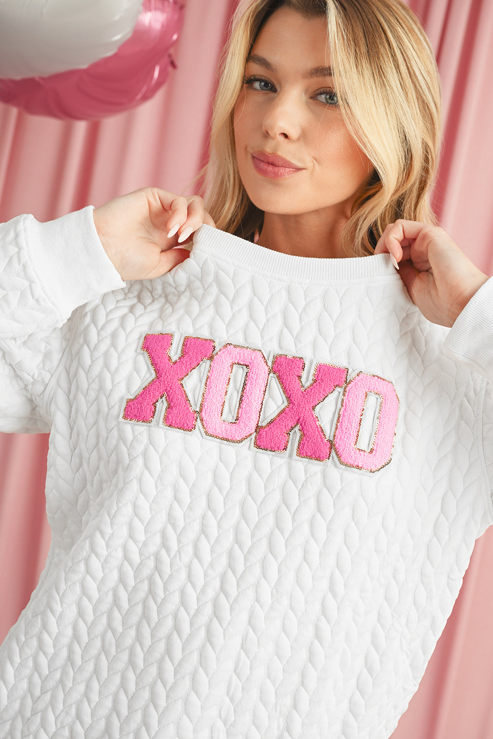 White XOXO Chenille Letter Patch Quilted Sweatshirt