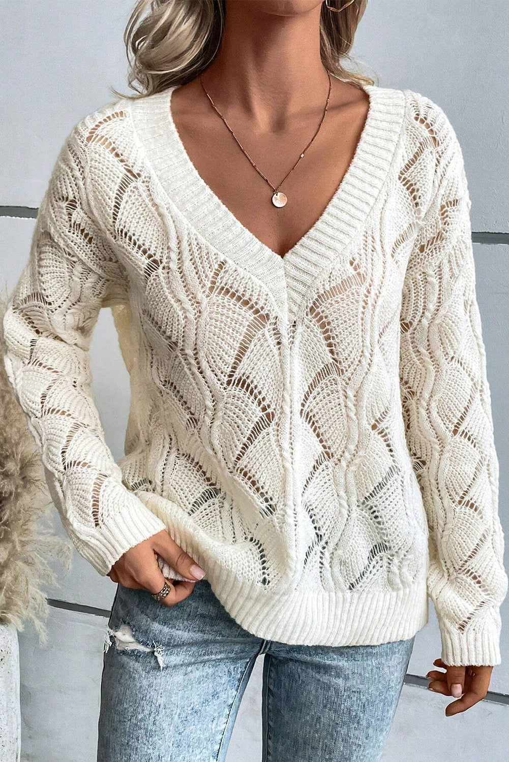 Knit Hollow Out V Neck Drop Shoulder Sweater