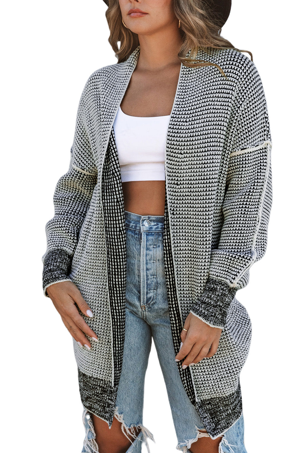 Plaid Casual Contrast Trim Knit Cardigan