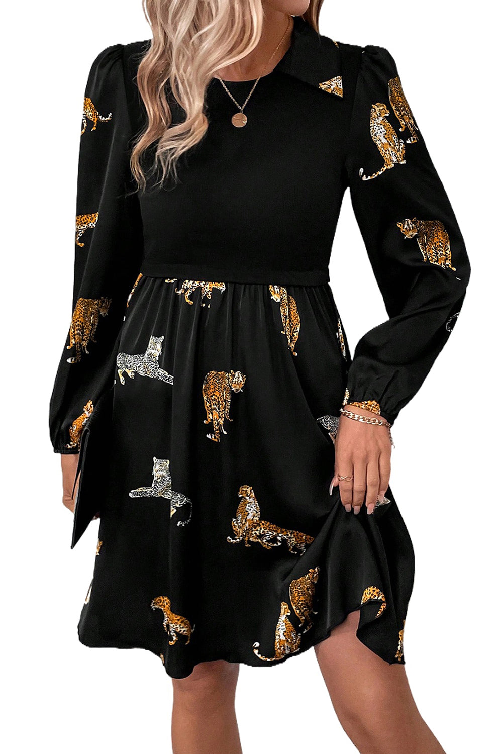 Vivid Leopard Print Long Sleeve Swing Dress