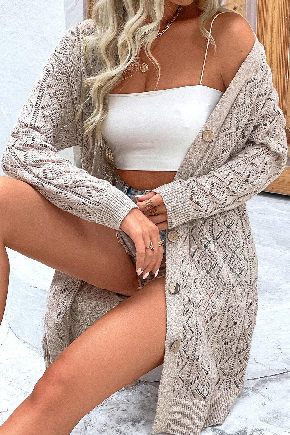 Hollow Out Button Front Long Cardigan