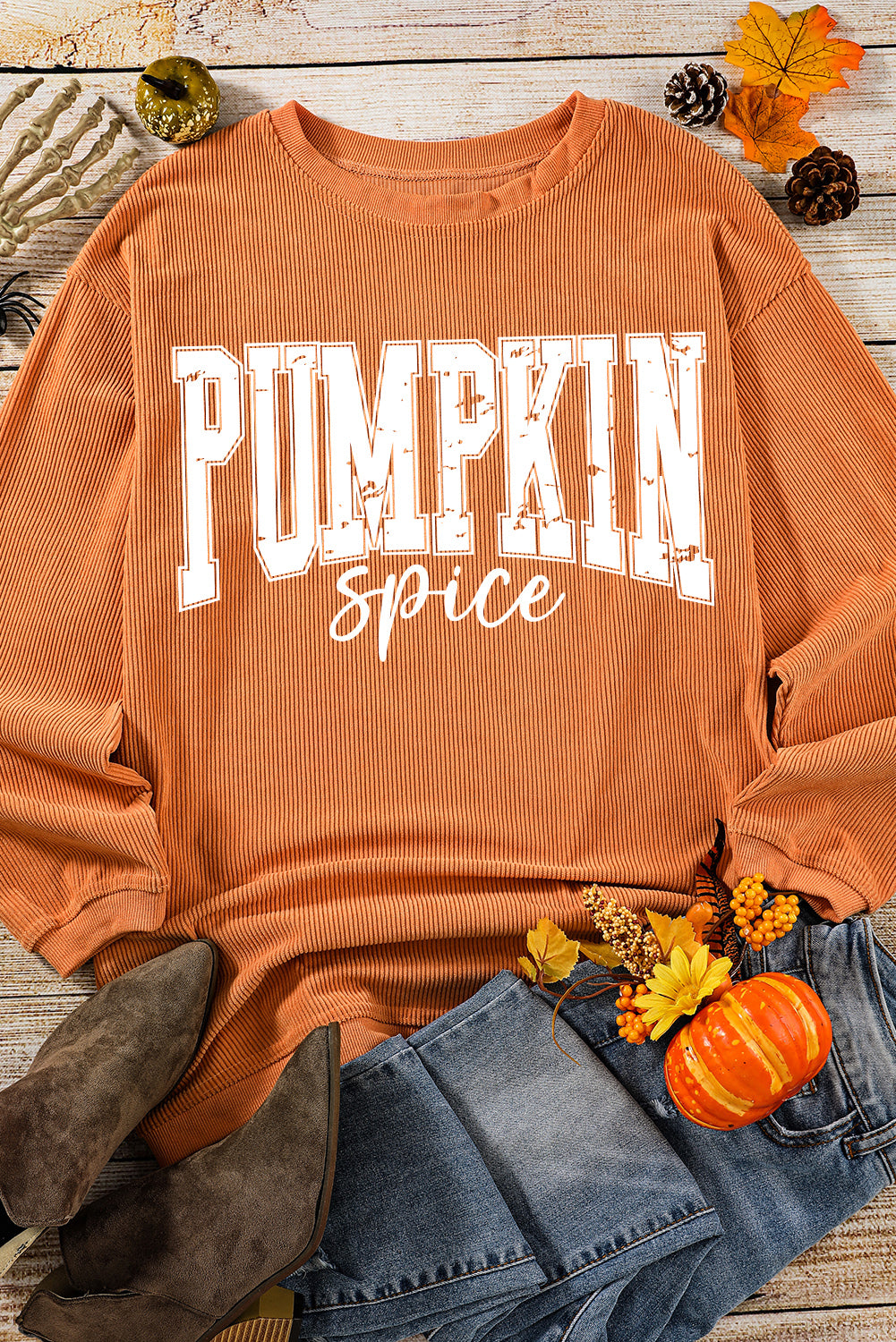 Crinkle Ribbed PUMPKIN Spice Graphic Crewneck Sweatshirt