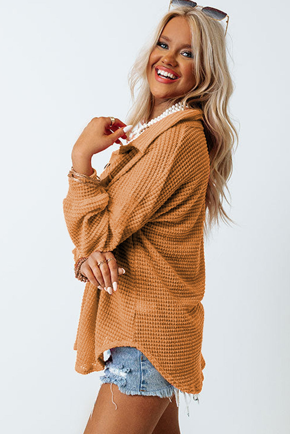 Plus Size Chest Pocket Waffle Knit Shirt