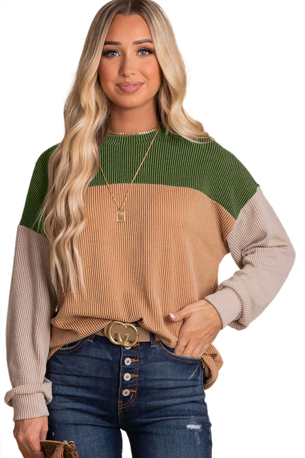 Green Color Block Long Sleeve Ribbed Loose Top