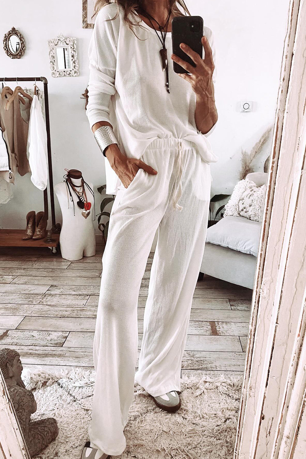 Textured Long Sleeve Top and Pants Lounge Set