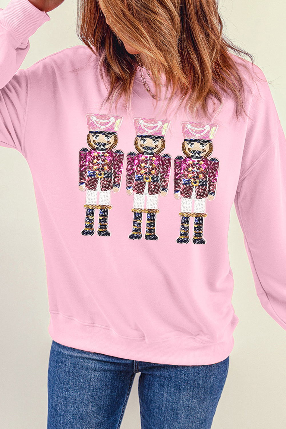 Pink Sequin Christmas Nutcracker Graphic Pullover Sweatshirt