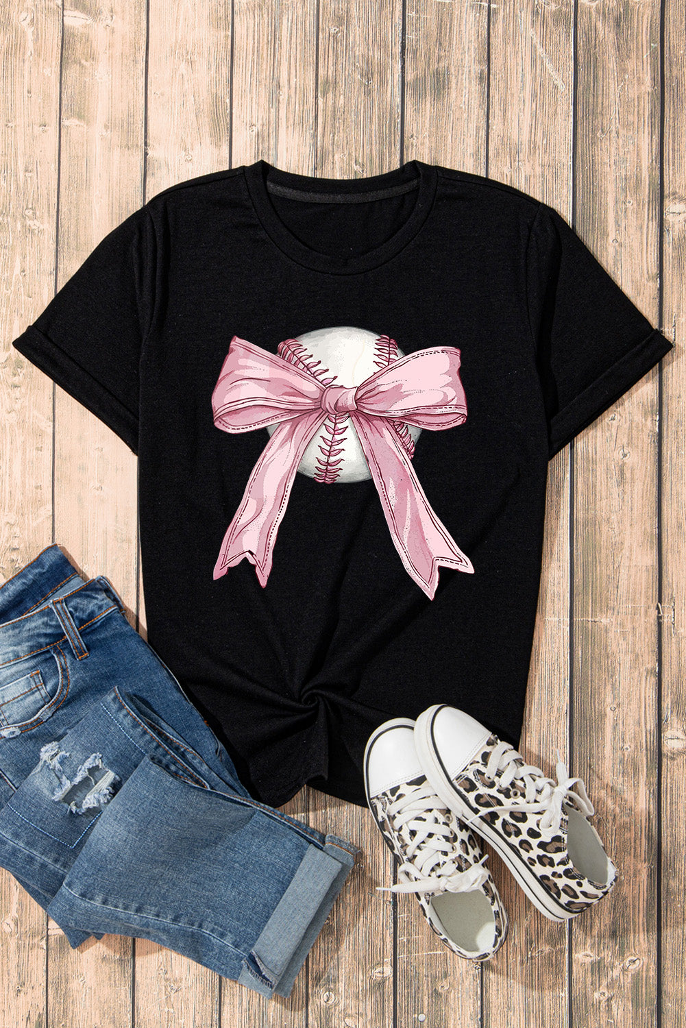 Black Baseball Bow Knot Graphic Crew Neck T Shirt