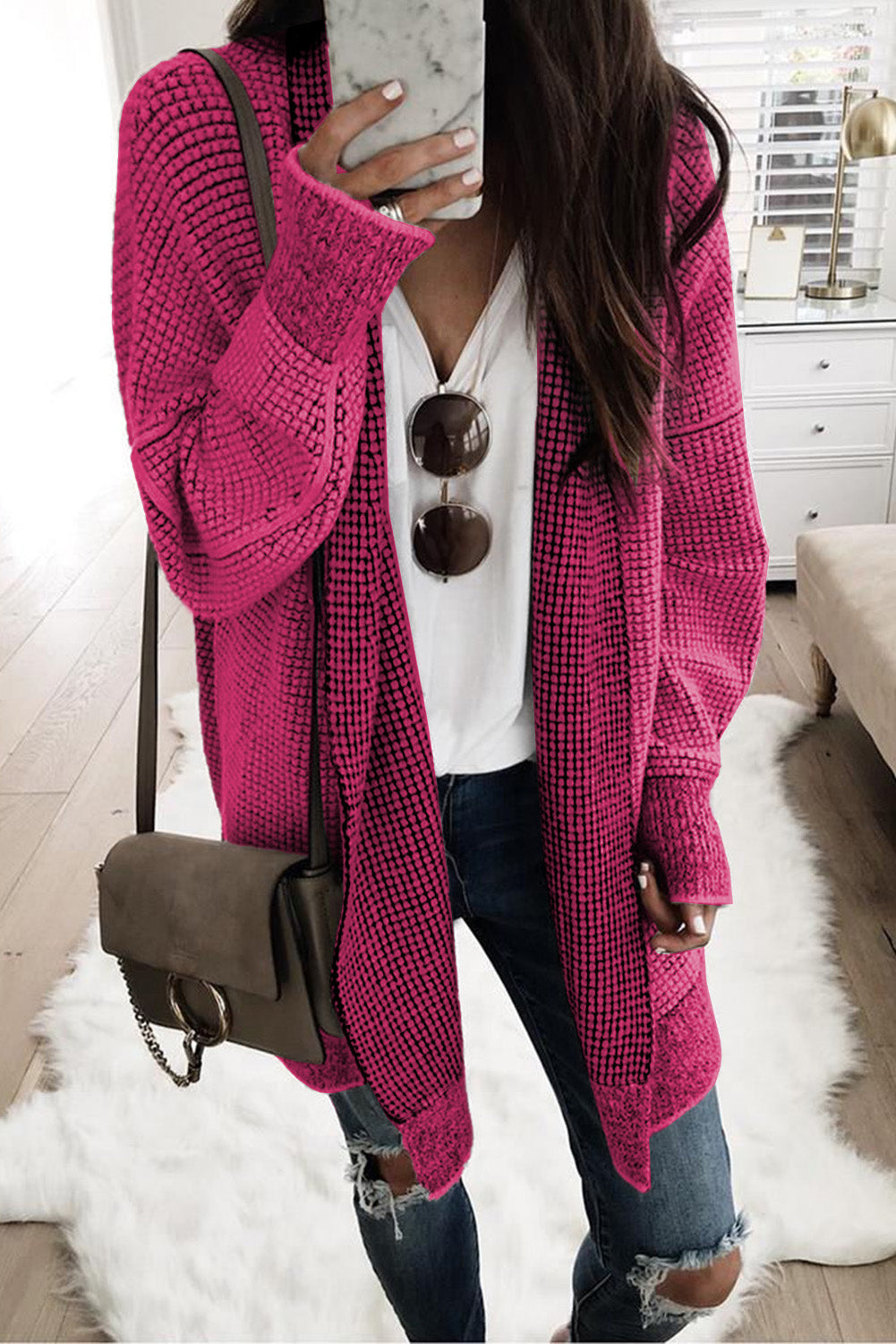 Plaid Casual Contrast Trim Knit Cardigan