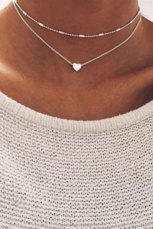 Silver Valentine Heart Shaped Layered Chain Necklace
