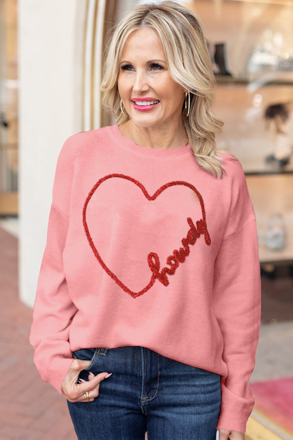 Pink Howdy Heart Graphic Round Neck Casual Sweater