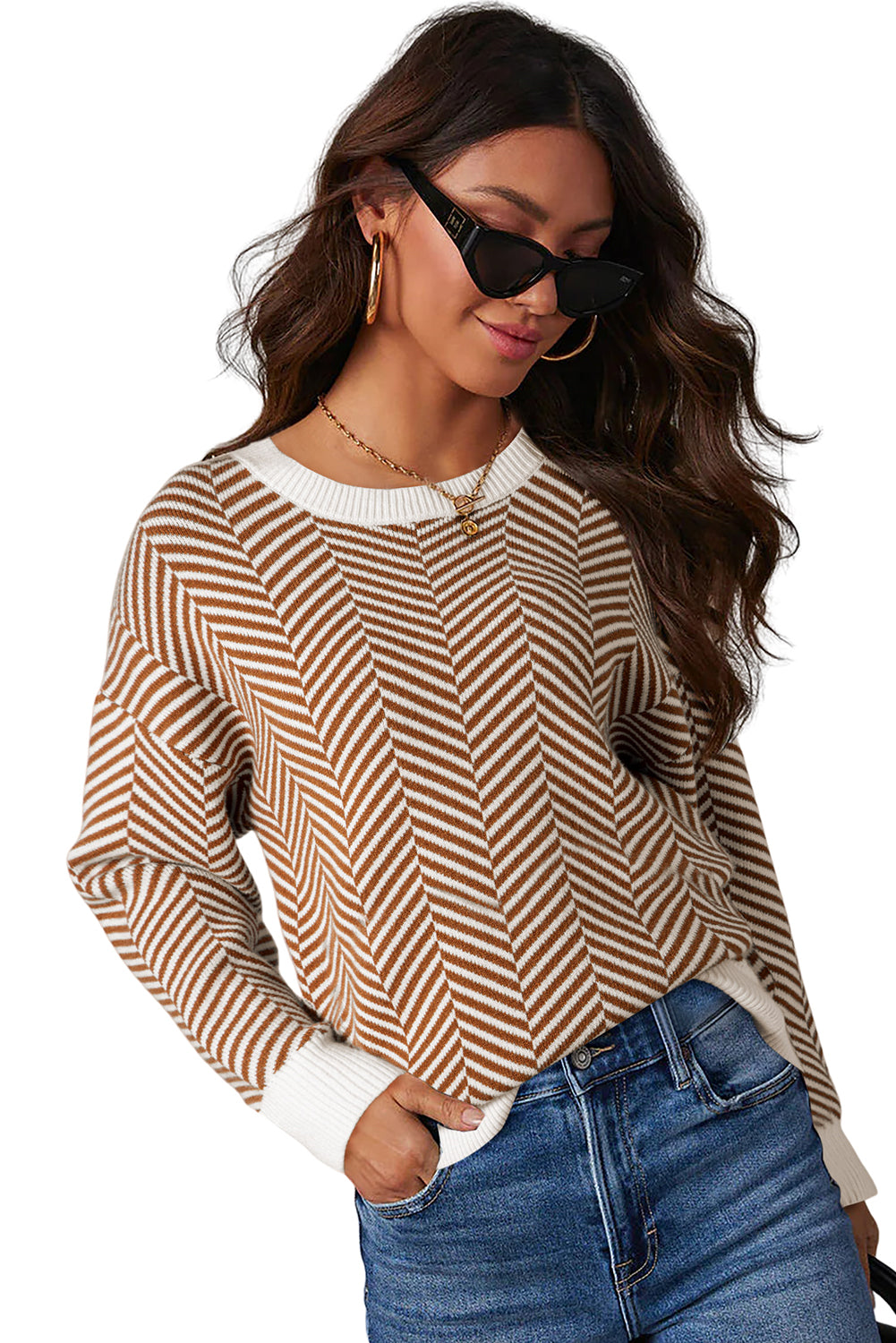 Contrast Edge Crew Neck Drop Shoulder Sweater