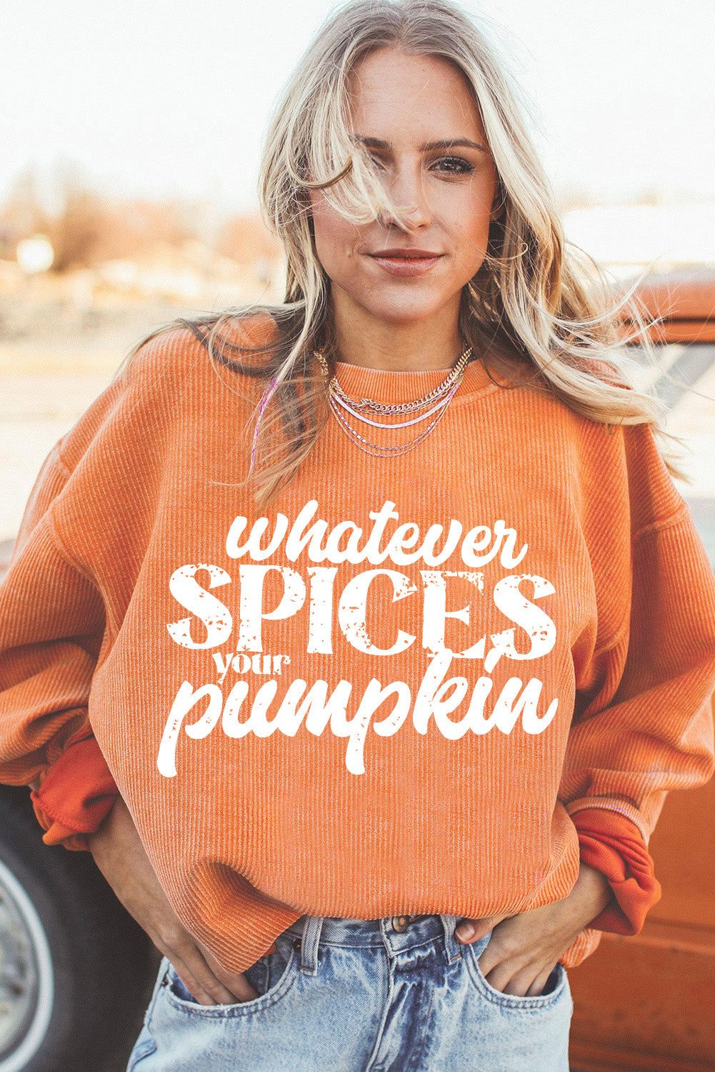 Crinkle Rib Whatever Spices Your Pumpkin Graphic Sweatshirt