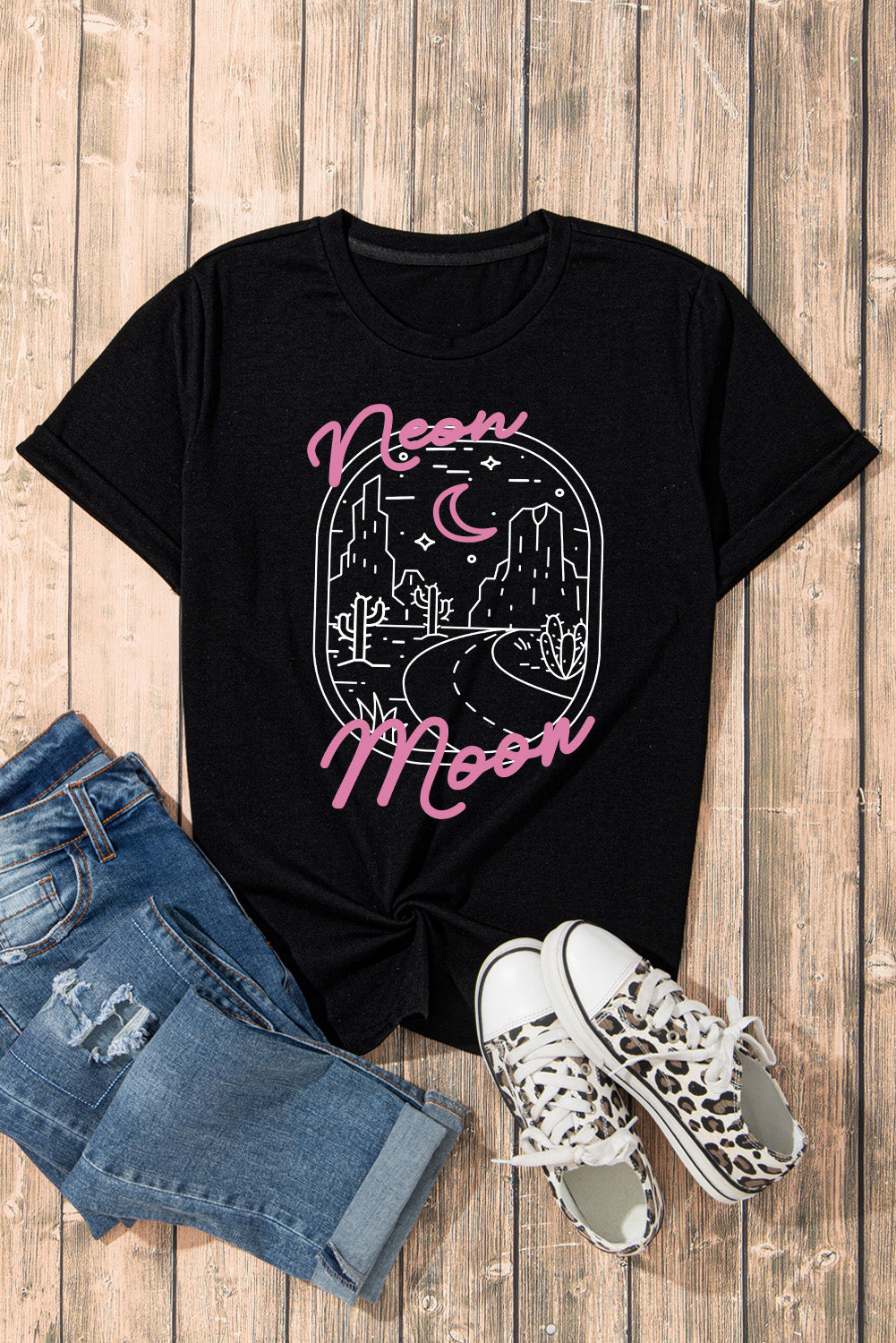 Tropical neon moon Letter Graphic Short Sleeve T Shirt