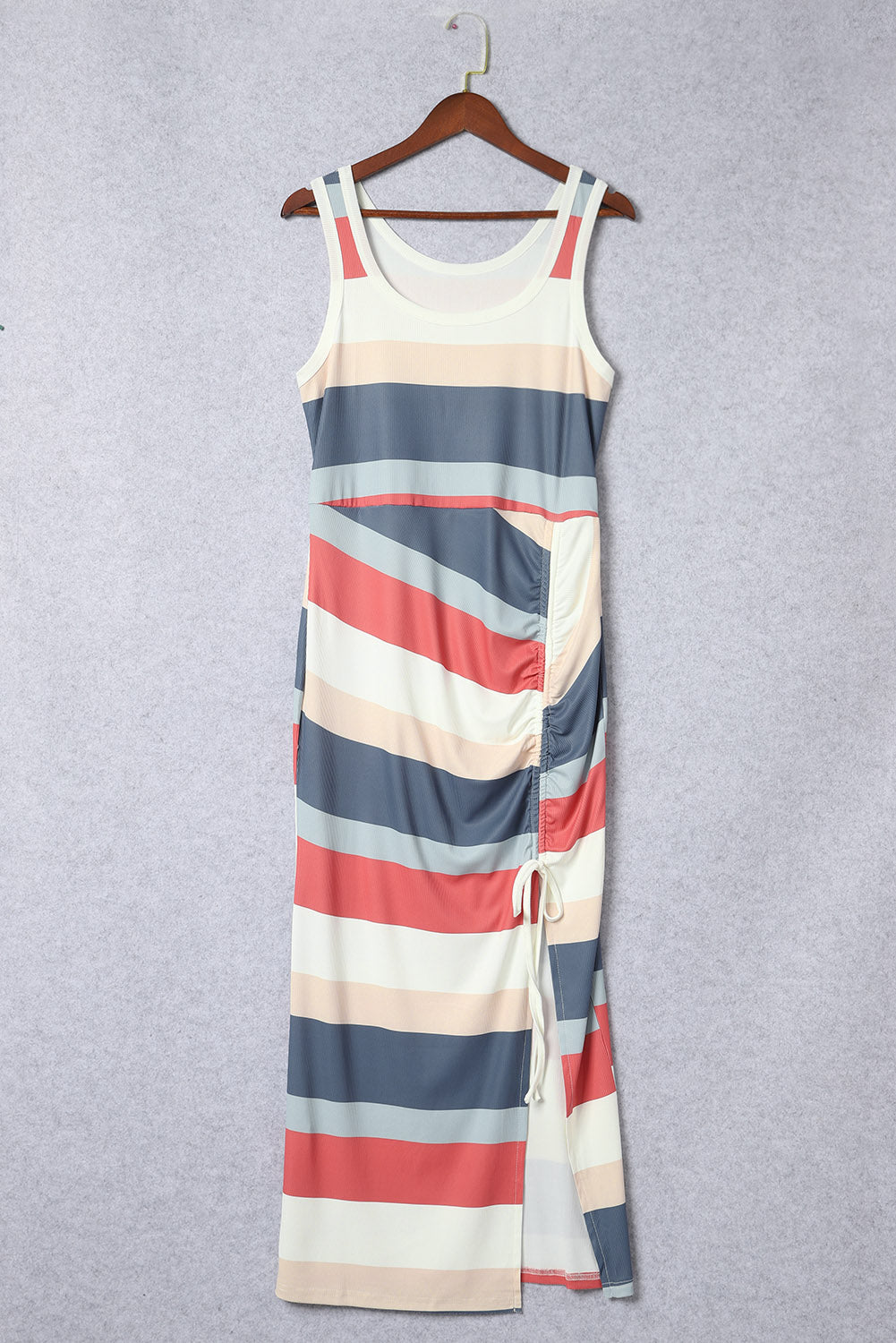 Striped Color Block Ribbed Knit Lace-up Slit Tank Dress