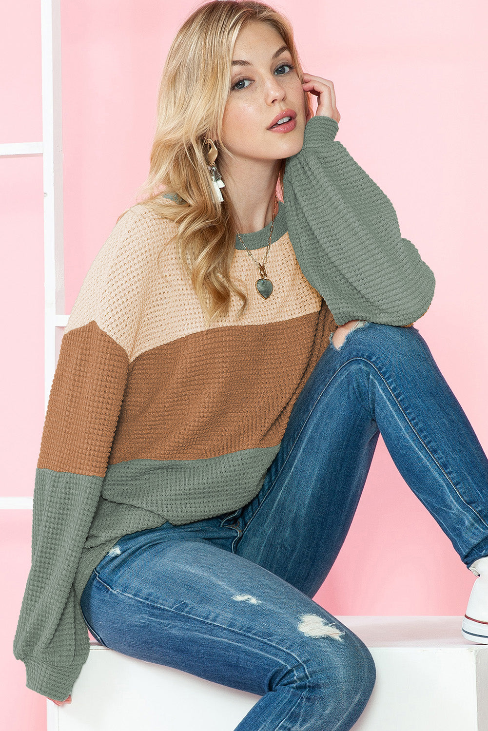 Waffle Knit Color Block Drop Sleeve Loose Top