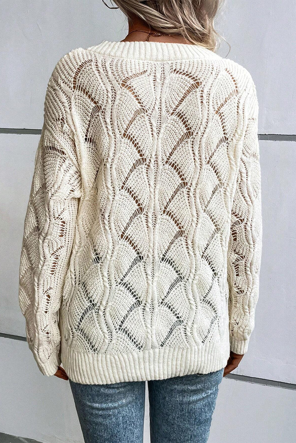 Knit Hollow Out V Neck Drop Shoulder Sweater