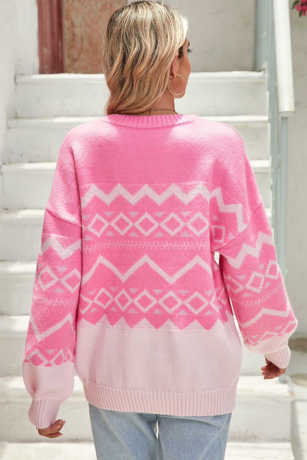 Geometric Pattern Round Neck Drop Shoulder Sweater