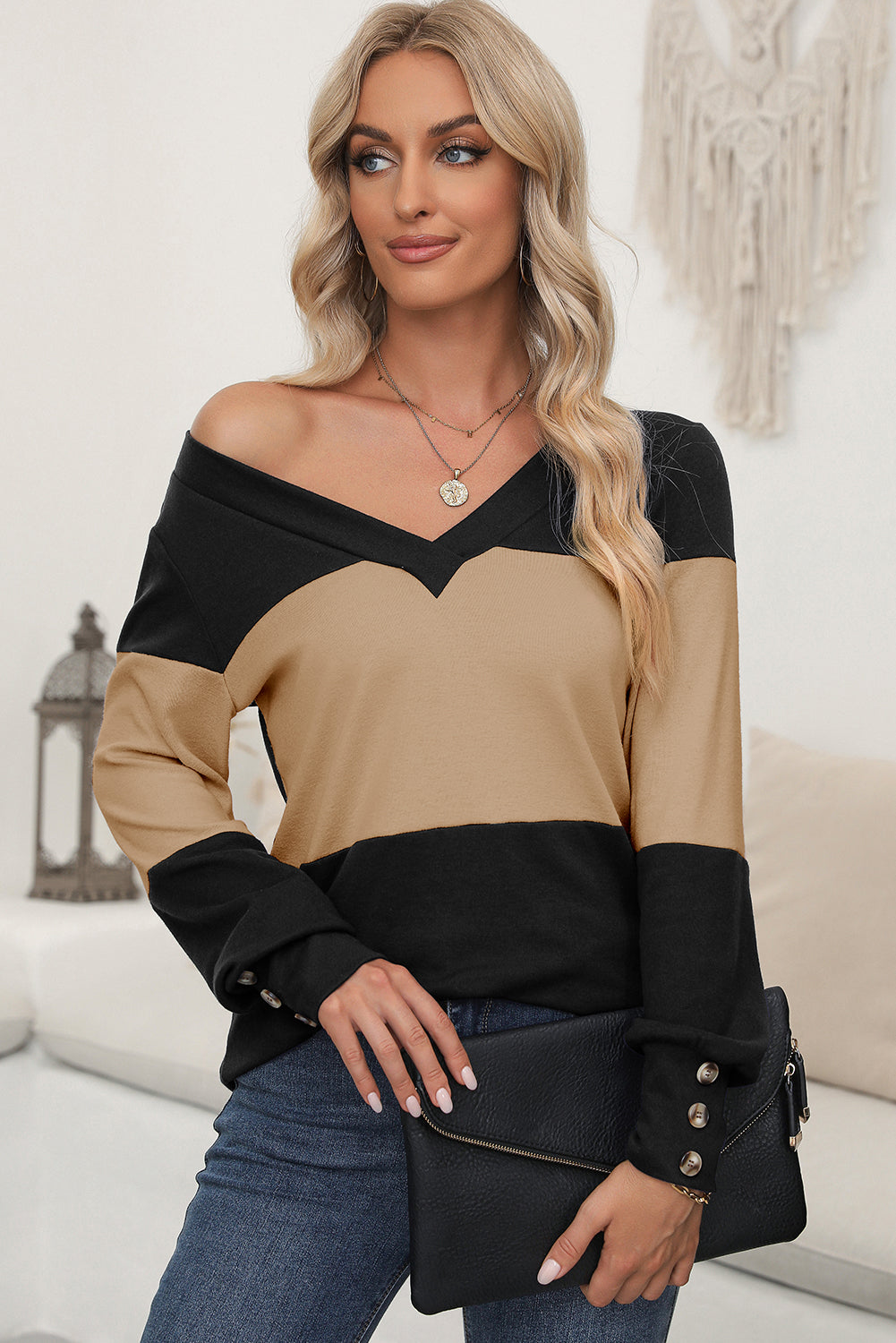 Colorblock Button Decor Cuffs V Neck Top