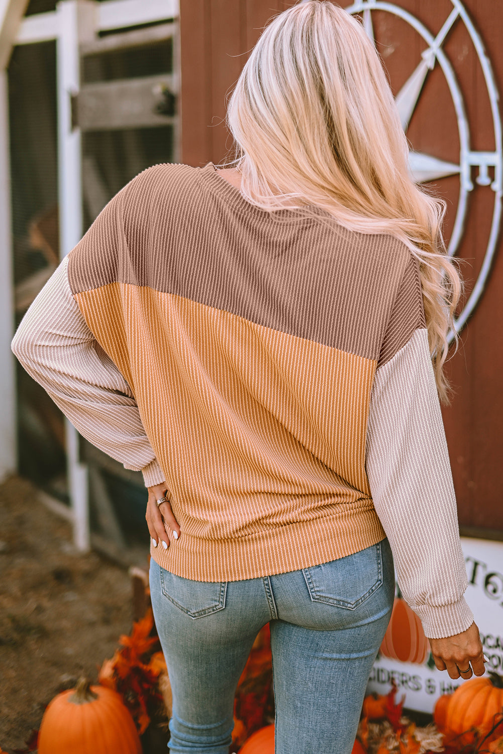 Green Color Block Long Sleeve Ribbed Loose Top