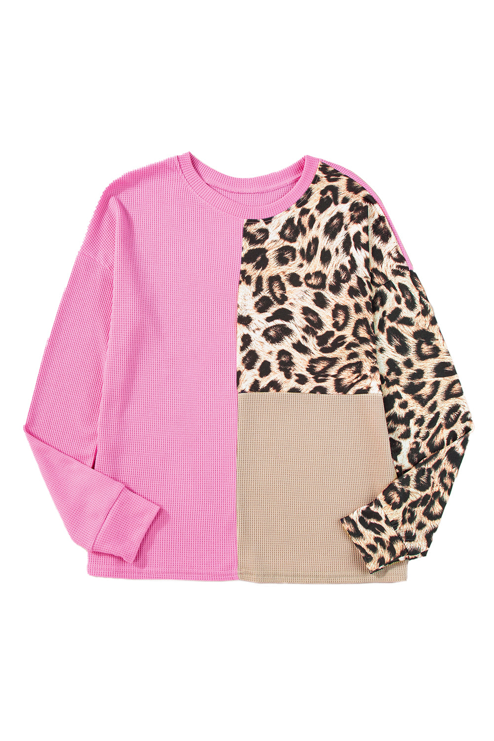 Casual Waffle Knit Leopard Contrast Long Sleeve Top