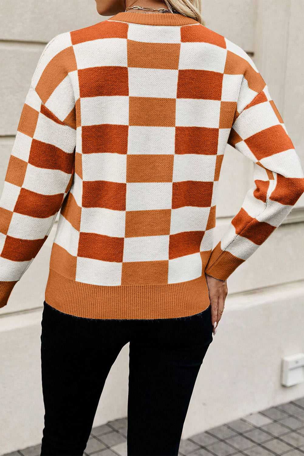 Checkered Crew Neck Drop Shoulder Knit Sweater