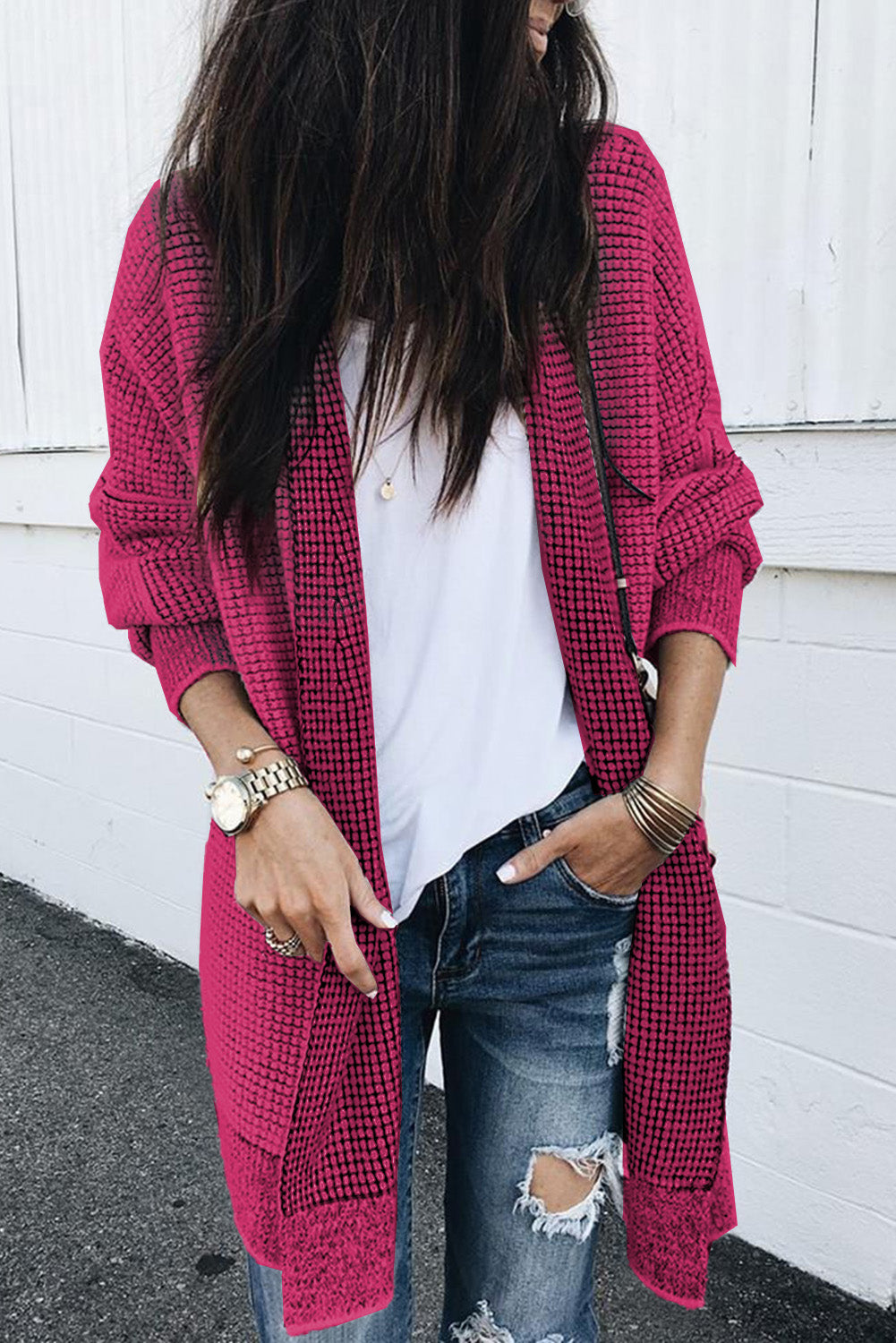 Plaid Casual Contrast Trim Knit Cardigan