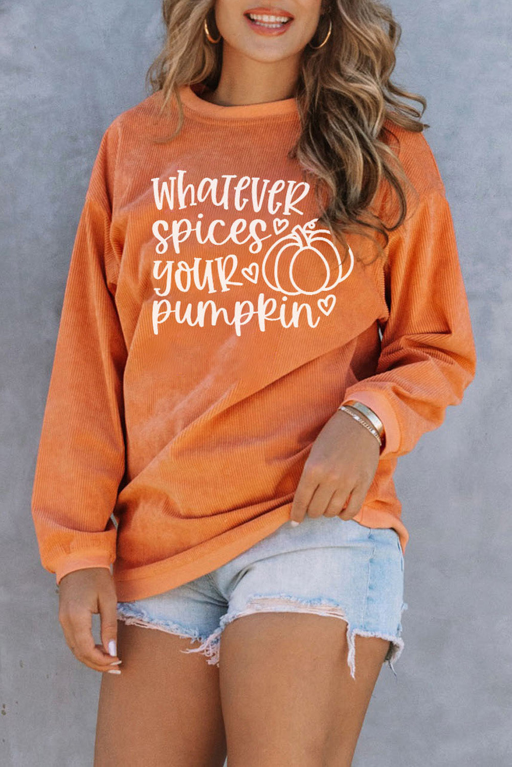 Pumpkin Letter Print Oversized Crinkle Rib Sweatshirt