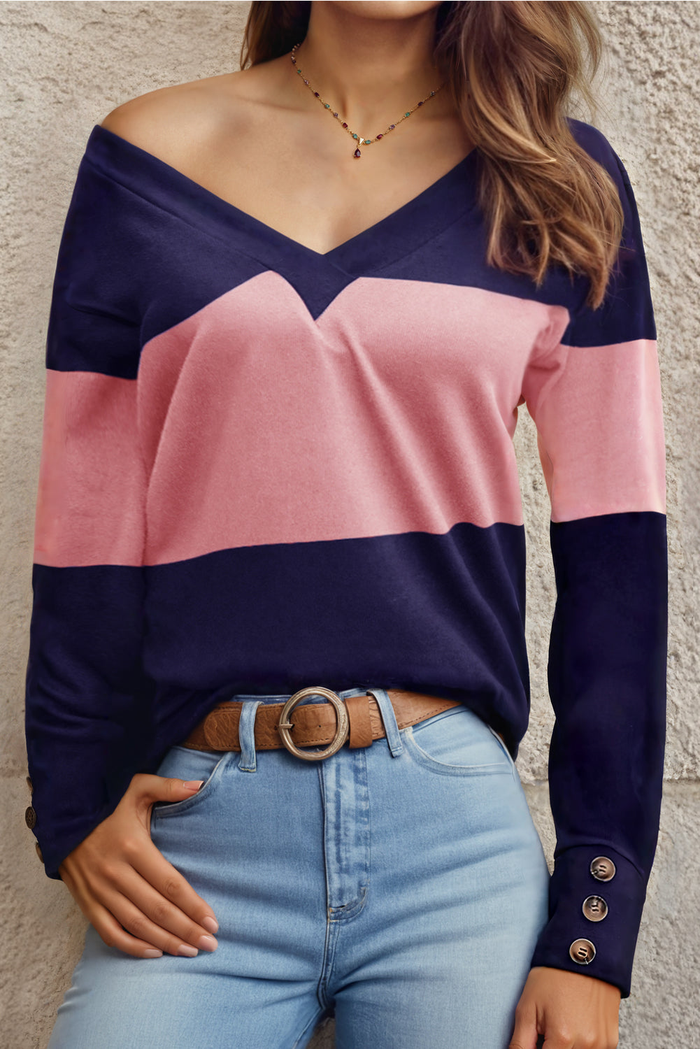 Colorblock Button Decor Cuffs V Neck Top