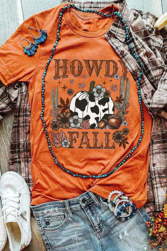 Orange HOWDY FALL Western Pumpkin Graphic T Shirt
