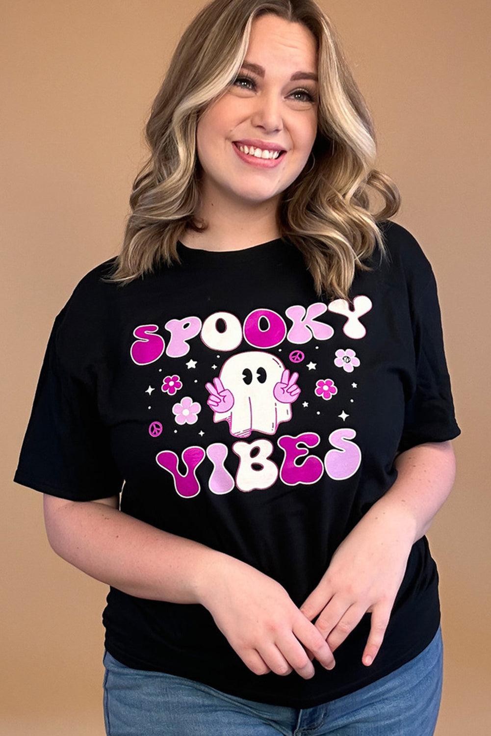 SPOOKY VIBES Ghost Flower Graphic Crew Neck T Shirt