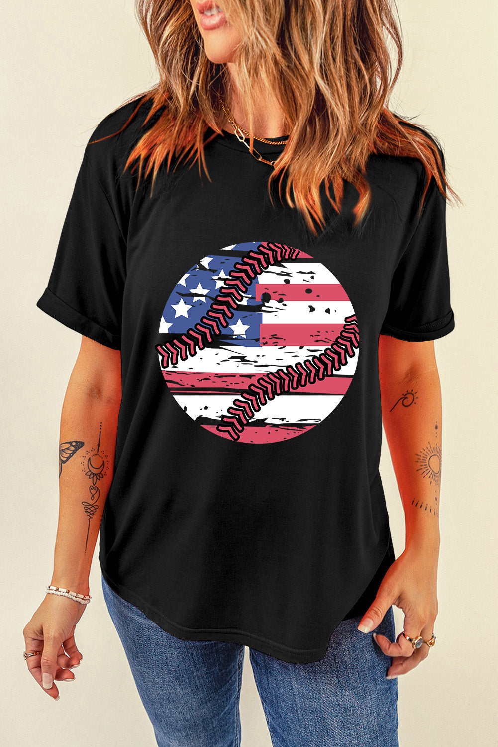 Black American Flag Baseball Graphic Crew Neck Tee