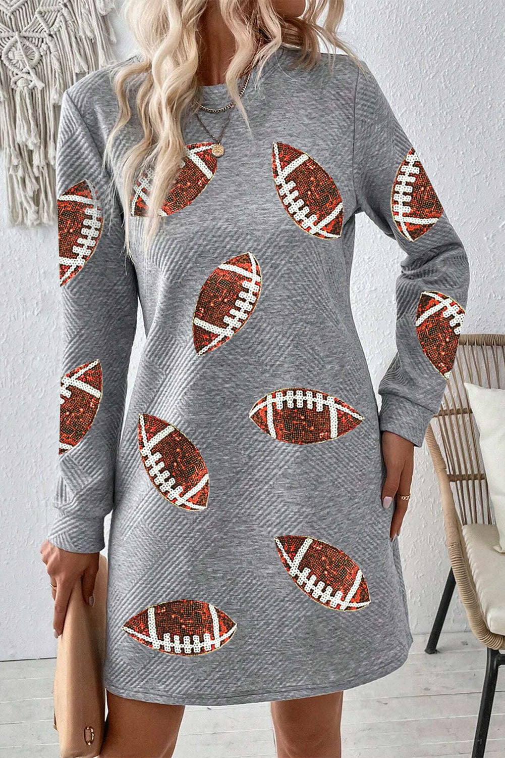 Sequin Rugby Graphic Round Neck Textured Mini Dress