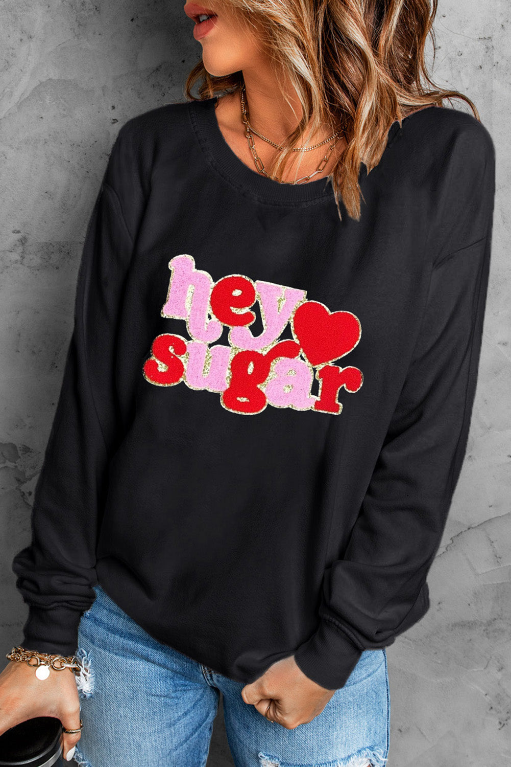 Pink Chenille Heart Pattern Valentines Graphic Sweatshirt