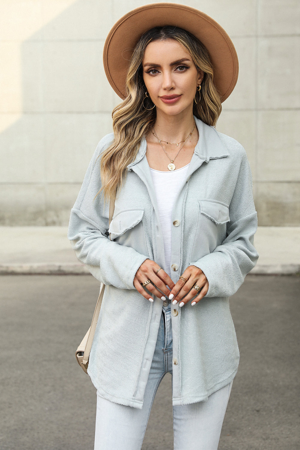 Solid Color Textured Button Up Shacket with Pockets