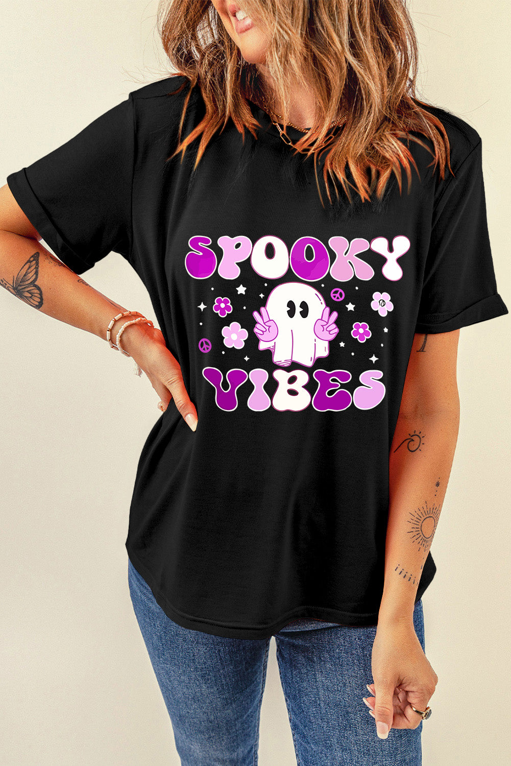 SPOOKY VIBES Ghost Flower Graphic Crew Neck T Shirt