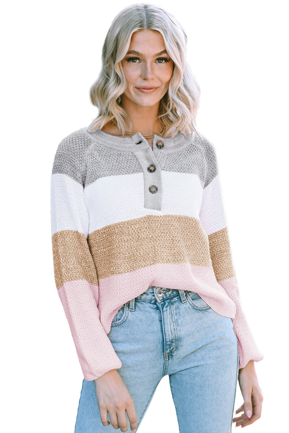 Multicolour Loose Colorblock Knitted Henley Sweater